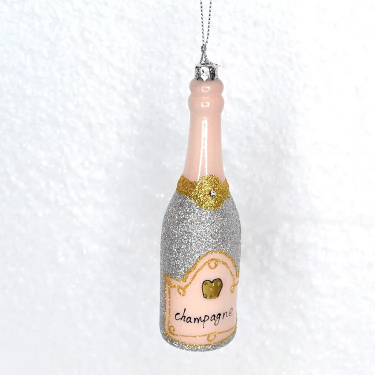 Glittered champagne bottle glass ornaments customized hand blown Christmas tree ornaments