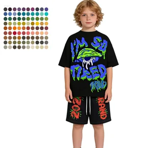 Summer Custom logo Streetwear Fashion Vintage DTG Plus Size T-Shirt Acid Wash Two Piece Sets Kids T Shirt Shorts Sets