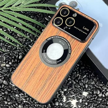 high quality new design ins retro wooden grain logo magnetic large window mobile phone case for iphone 15 14 13 12 11 pro max
