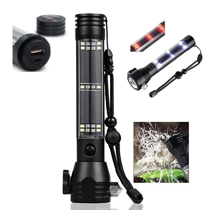 Solar Powered Tactical LED Flashlight Outdoor Car Rechargeable Flashlight Ultra Bright Torch Rechargeable Battery DC 12V OEM