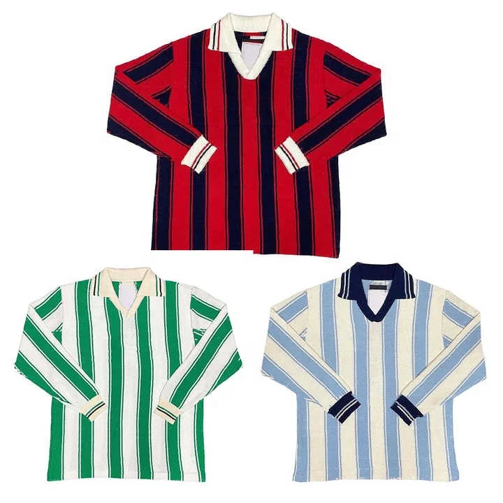 Custom Heavy Cotton Stripe Oversized V Neck Drop Shoulder Tshirts Polo Long Sleeve Tshirt Knit Sport Football Jersey T-shirt Men gallery 2