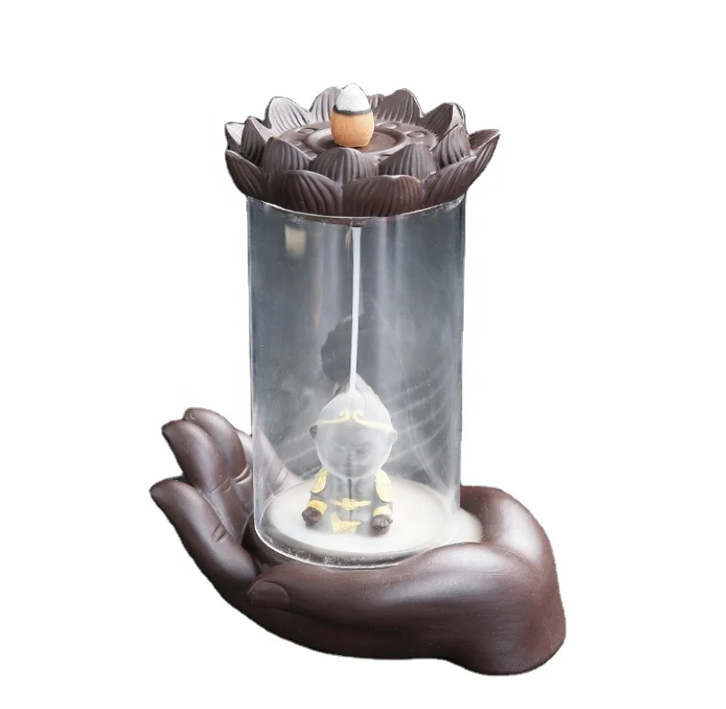15.5*10.5*19cm Electric LED Ceramic Smoke Fountain Buddha Hand Monkey Plastic Design Backflow Waterfall Incense Holder Burner