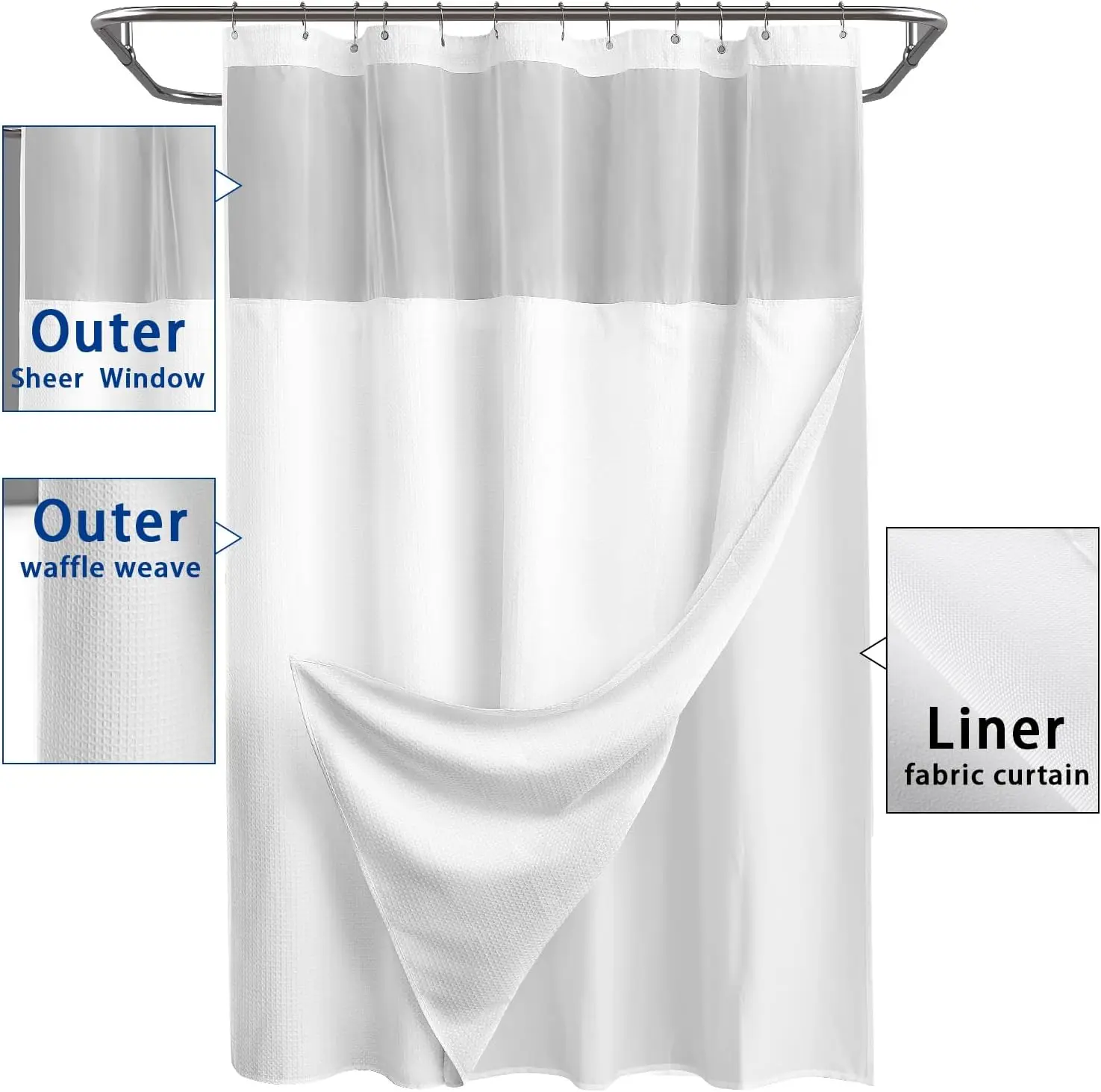 Luxury Hotel Waffle Polyester Fabric Hookless Shower Curtain Waterproof