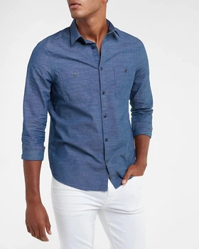 Wholesale Oem Custom Slim Fit Solid Color Men's Shirt Turn Down Collar Long Sleeves Pockets Front