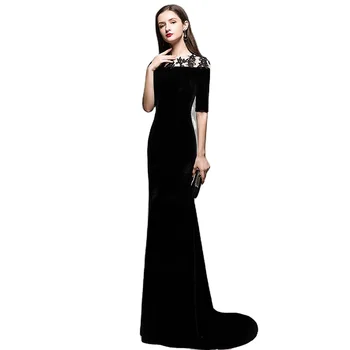 Black Velvet Evening Dress Mermaid Floor-length O-Neck Half Sleeve Lace Train Wedding Guests Formal Party Prom Gowns Elegant New