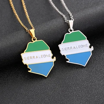 Enameled Sierra Leone Map Chain Necklaces Stainless Steel 18K Gold Plated Enamel Sierra Leone National Flag Map Pendant Necklace