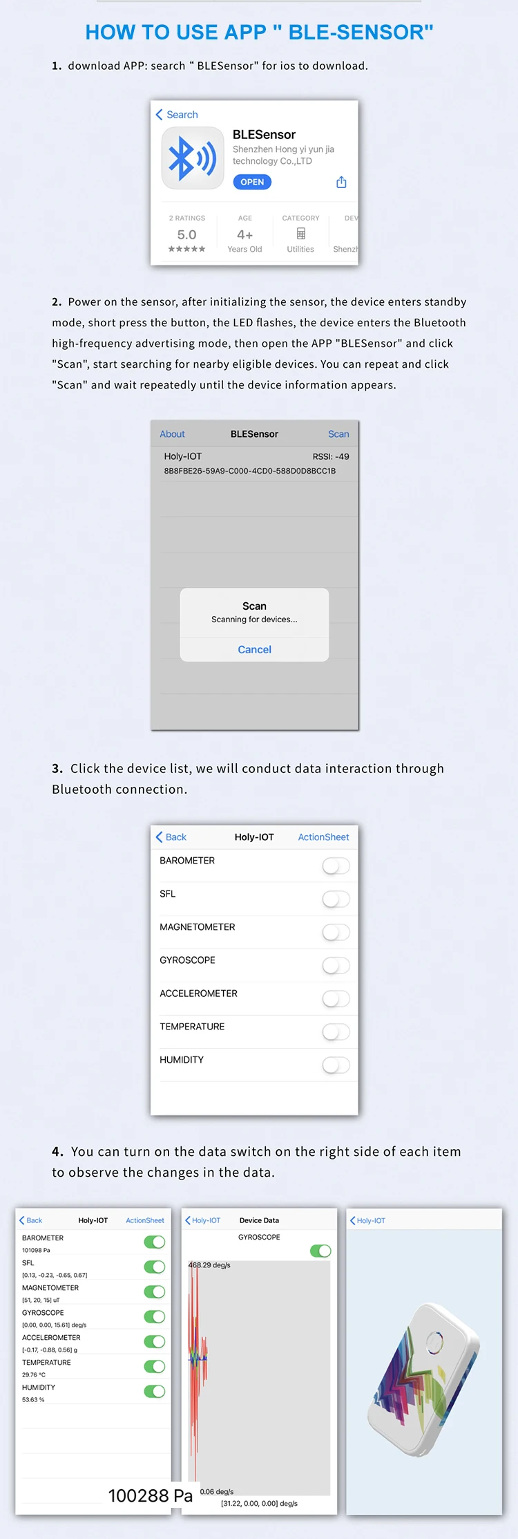Holyiot Smart Bluetooth 6 Axis Accelerometer Gyroscope Motion Sensor