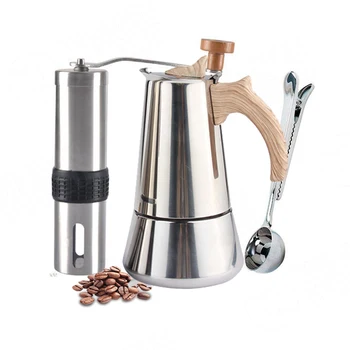 4 6 cup Stainless Steel Stovetop Mocha Pot espresso coffee maker with wooden handle, Induction, gas or electric cooktop suitable