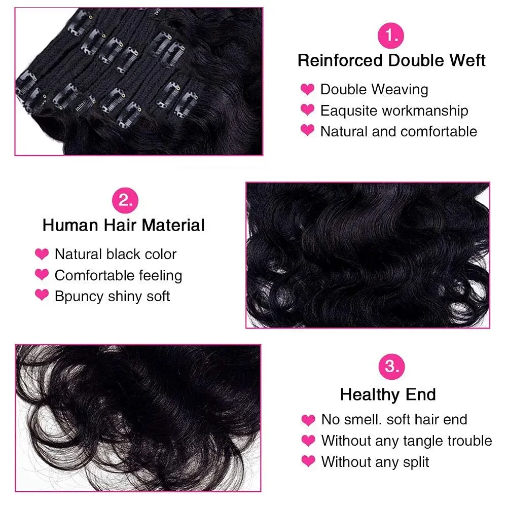 Body Wave Clip-in-Haarverlängerungen, 8 Stück, Naturschwarz, 100 % Echthaar, 12-26 Zoll, 120 g_voghion.com