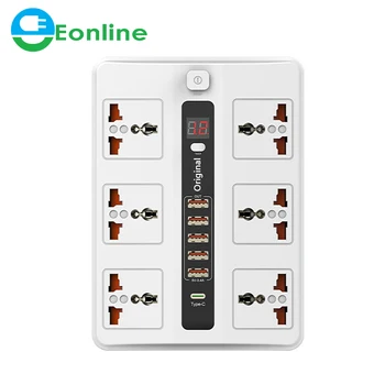 EONLINE Multiple Power Strip Protector 6 Way AC Outlets EU Electrical Plug Socket with 5 USB Charger Adapter 2m Extension Cord