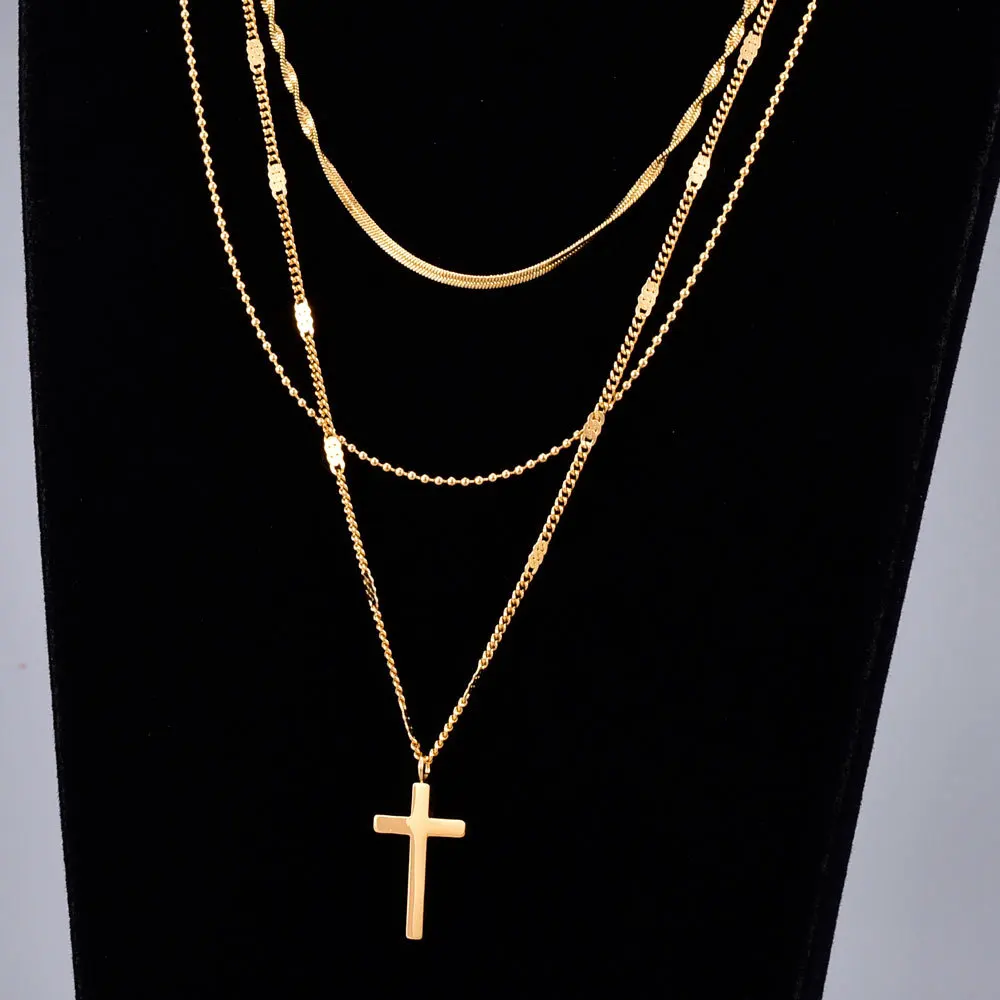 Gold Plated Pendant Cross Necklace Three Layered Stainless Steel ...