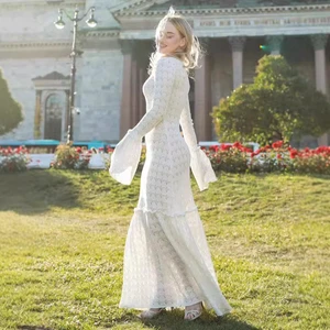 Fashion Summer Long Sleeve Hip Package See Through Patchwork Beach Dress Holiday Lady Robe Women Hollow Out Knitted Maxi Dresses