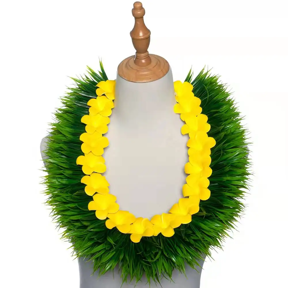 Artificial Silk Grass of Spring & Foam Plumeria Short Lei KN-hls004 64CM Hawaii Flower Necklace Festival Neck Ring Party Wreath