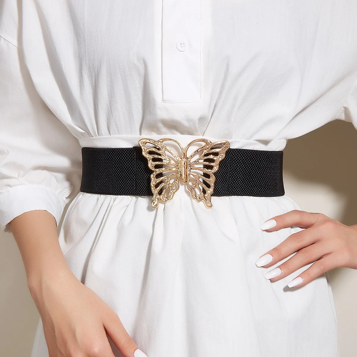 New Metal Butterfly Buckle Waist Belts Retro Clasp Cinch Buckle Elastic Stretch Waistband Belt for Jeans Dress New Metal Butterfly Buckle Waist Belts Retro Clasp Cinch Buckle Elastic Stretch Waistband Belt for Jeans Dress