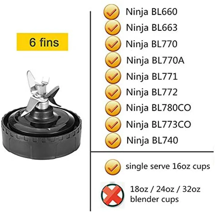 6 Fins Blender Extractor Blade Replacement Spare Parts for Ninja Nutri 16oz Cup BL740B L770 BL771 BL780 BL660 BL663 BL665Q