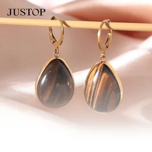 Tiger Eye Natural Agate Water Drop Earring 18K Gold Plated Stainless Steel Stud Trendy Wholesale Jewelry for Women's Party Fit