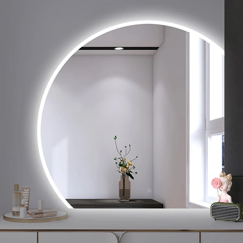 product large home decor wall irregular shape led mirror half moon big smart touch screen bathroom mirror with back light-4