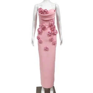 2026 Summer Adult Evening Dress for Ladies New Banquet Look Three-dimensional Rose Slim Waist Split Natural Polyester Casual