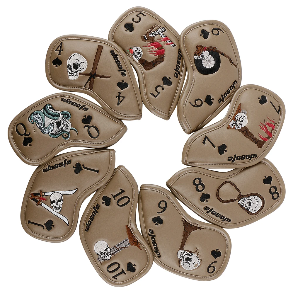 New Design High Quality Black Brown Cartoon Poker Embroidery Wear-resistant Portable 9 Pcs/set Iron PU Leather Golf Headcovers