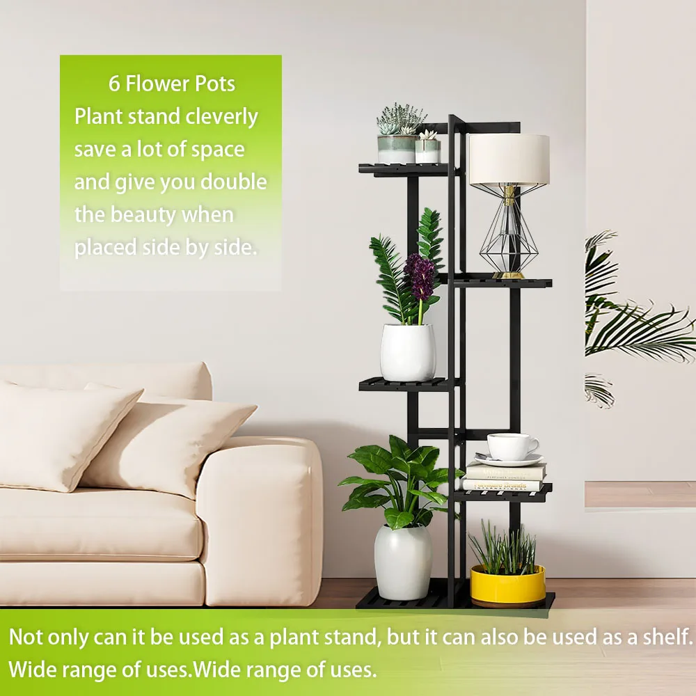 product 5 tier bamboo shelf organizer 6 potted black high flower plant stand for indoor or outdoor bathroom corner decoration display-13