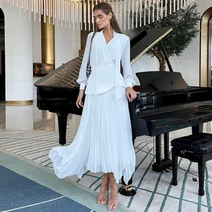 Elegant White Irregularity V Neck Full Sleeve Tops Lace up Pleated a Line Long Skirts Suit Women Dress Sets Skirt Two Piece Sets