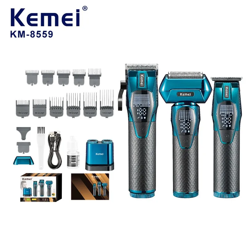 Kemei KM8559 Pro 3in1 Luxury Hair Clipper Set Adjustable Blade Electric Profession Shaver Kit Trimmer with Battery Charging Dock