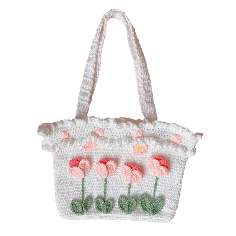 Tulip Flower Tote Bag Basket Hand Knitted Bag DIY Homemade Cloth