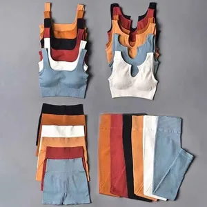 2022 Custom Logo Fitness Clothing Leggings Ropa Deportiva Gym ActiveWear 4Piece Workout Women Ribbed Seamless Yoga Set for Women