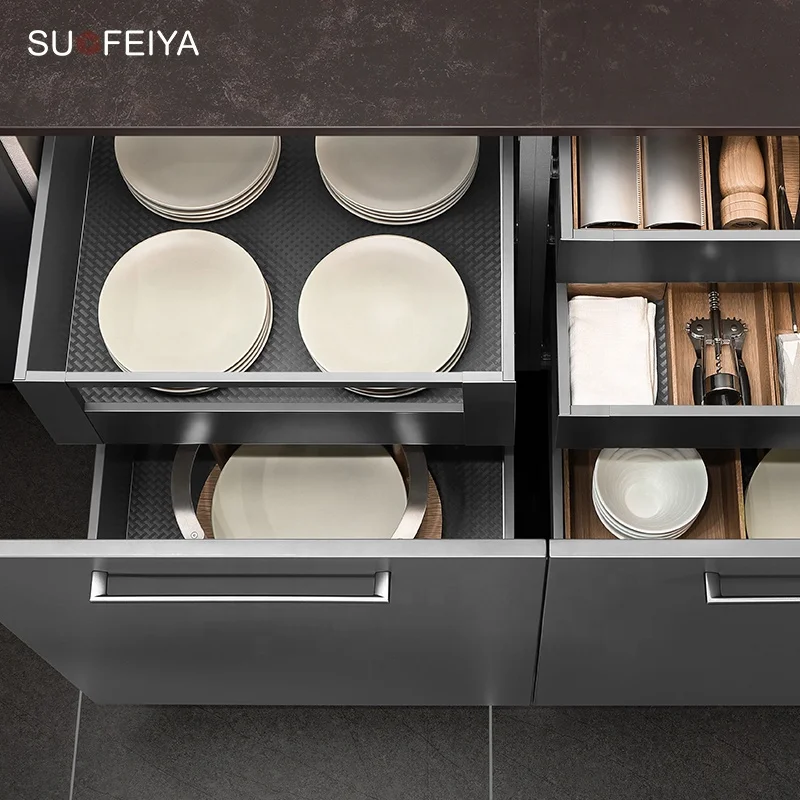 Sofeyia Kitchen Cabinets Simple Designs Clean Handle-less Look 2 Colour Laminate Sheet Accessorized Faucet Hinge Made Marble