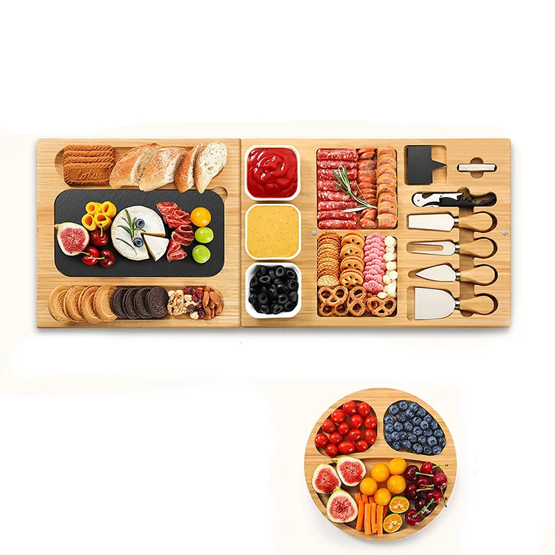 Luxury Cutting Board With Tray Charcuterie Boards With Smiley Round Plate Bamboo Cheese Board and Knife Set
