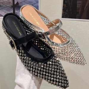 Top Sale Rhinestone Decoration Mesh Upper Summer Flat Sandals Comfortable Flat Mesh Party Flat Women Slippers