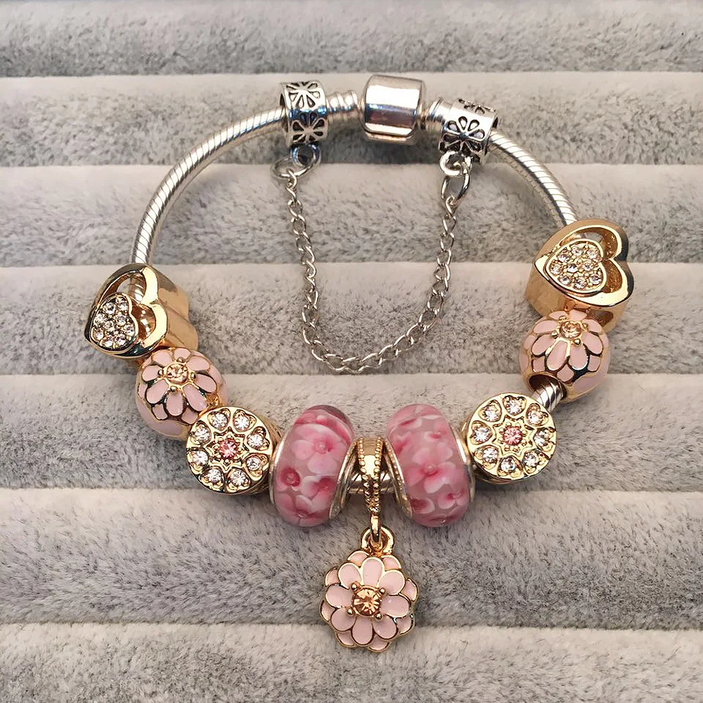 Pink Crystal Bracelet Pink Glass Bead Dangle Charm Bracelet Personalized Gift #CBR1169