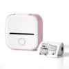 Impresora rosa con 1 rollo de papel adhesivo.