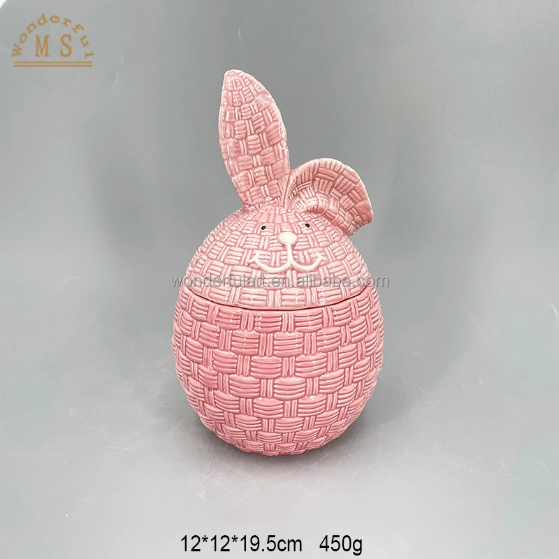 Customized Egg Rabbit Shape Kitchen Jar Ceramic Food Jar Cute Pink White Bunny Design for Daily or Easter Tabletop Decoration