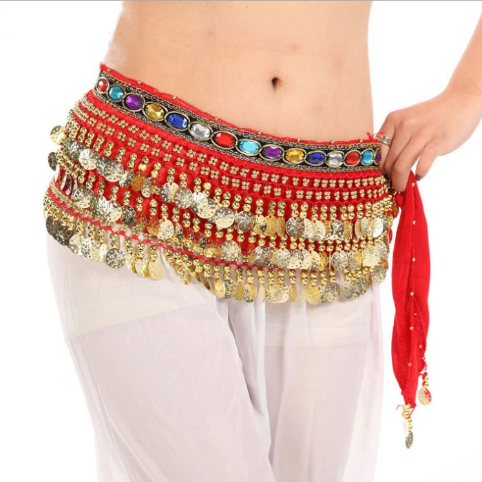 New Red Belly Dance Hip Skirt Scarf Wrap Belt With Golden Coins Gypsy Scarf 
