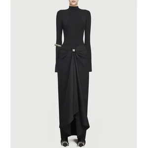 Factory Wholesale Runway Fashion Party Knitted Dress Women Spring Summer Turtleneck Luxury Drap Long Sleeve Elegant Midi