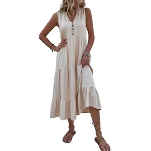 New summer sleeveless dress, loose and casual, solid-color stand-up collar, elegant patchwork long dress