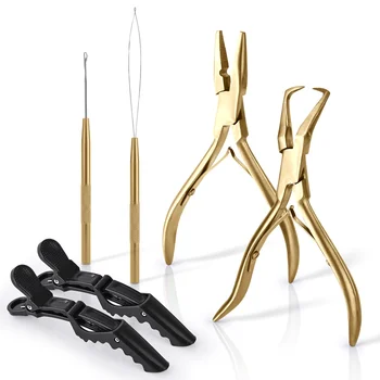 Professional Gold Color Hair Extension Barber Salon Tools Kit Custom Logo Hair Extension Pliers and Hair Sectioning Clips