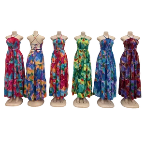 High Quality Wholesale Elegant Waist Pleated Watercolor Suspender Collar Maxi Women Casual Dress