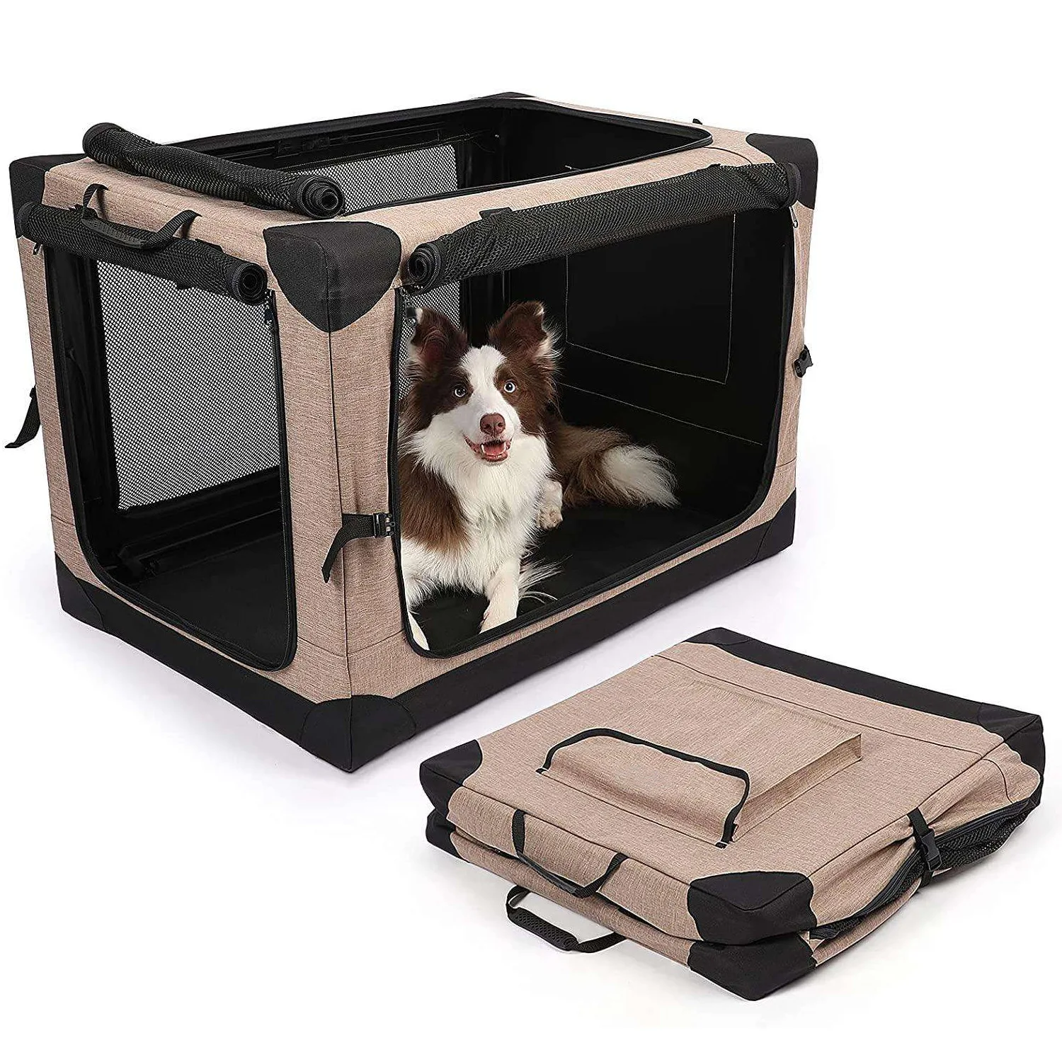 Fleece Bed Folding Soft Dog Crate with Carrying Bag Soft Sided Pet Foldable Kennel Cage Durable Mesh Windows Strong Steel Frame