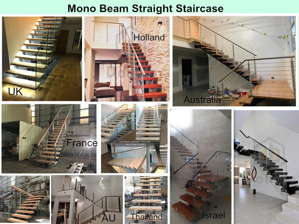 Prefab floating staircase modern carbon steel mono beam beech/oak wood tread stairs indoor/staircase design for houses factory