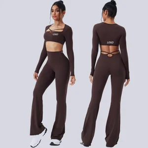 Color Block Brushed Yoga Set Hollow Slim Fit Yoga Fitness Outfit Running High Waist Flared Pants Long Sleeve Set