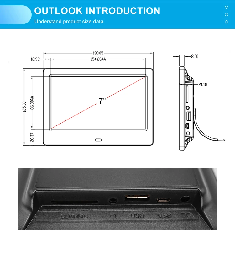 Made in China LCD Frameless Mini 7 Inch Digital Photo Picture Frame Motion Sensor Video Frame