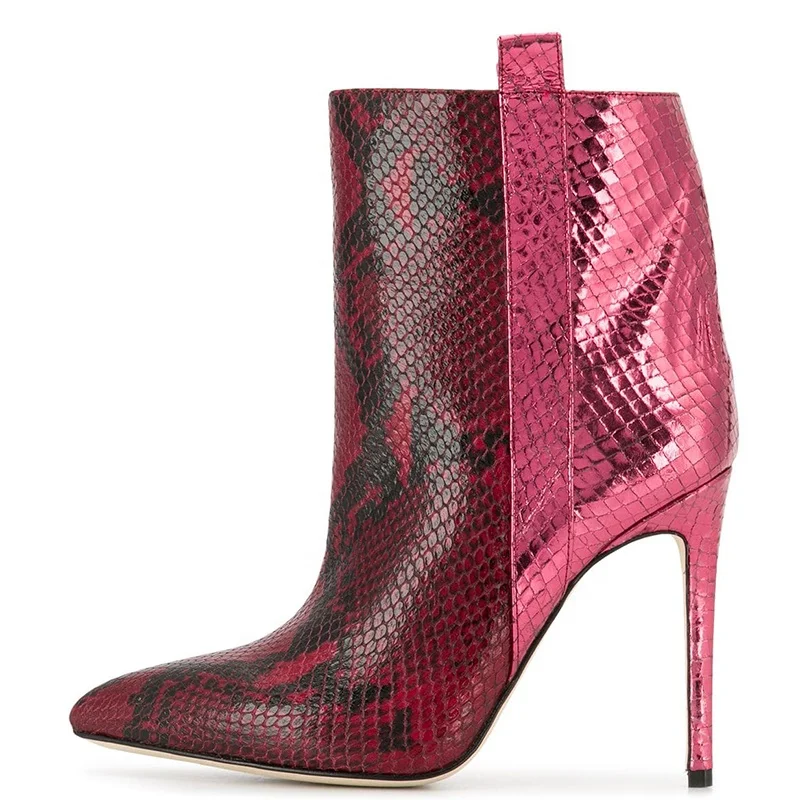 Trendy Color Matching Red Gold Snake Pattern Leather Pointed Toe Stiletto Heel Ankle Boots Women Short Boots High Heels Booties