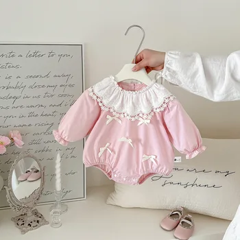 Spring and Autumn Newborn Infant Clothes Sweet Lace Baby Bodysuit Spring Outfit Romper Button Cute Jumpsuit Crawling Suit