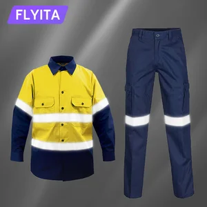 Hi Vis Cotton Work Wear Worker Clothes Set Road Construction Industrial Reflective Strips Work Shirts Pants Uniform Workwear