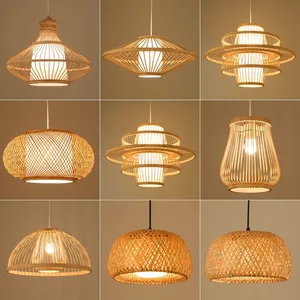 Modern Handmade Wicker Rattan Bamboo Wooden Shade Hanging Ceiling Lamp Retro Lighting for Home Woven Chandelier Pendant Light