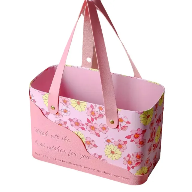 Wish All the Best Embossing Wedding Candy Box PU Leather Business Gift Large Capacity Oval Box with Handle Tulip Flower Box