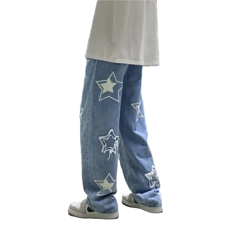 Vintage Star Men's Light Wash Baggy Jeans Mid Casual Korean Denim Pants Streetwear Printed Patchwork Y2K Male Straight Trousers