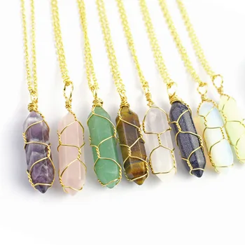 Wholesale New Fashion Wire Winding Quartz Hexagonal Bullet Shape Natural Stone Crystal Pendant Necklace